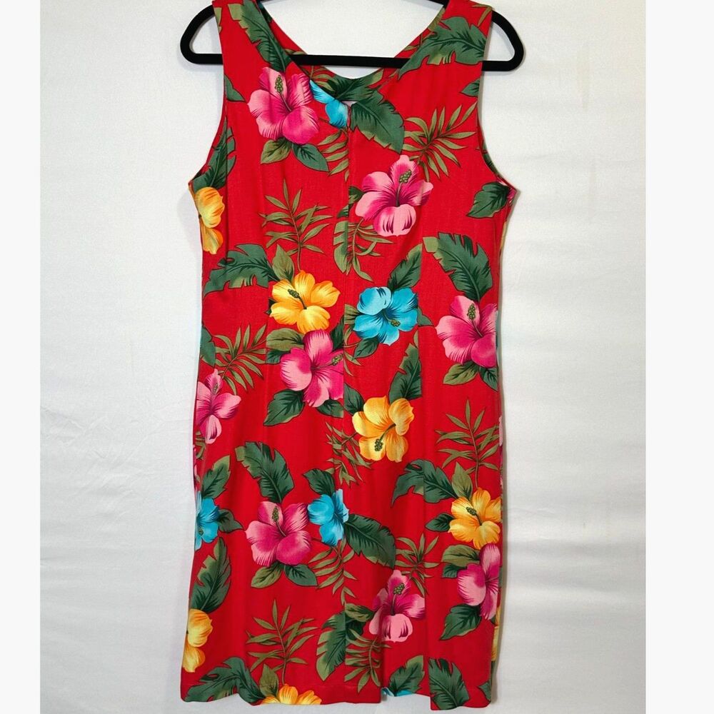 La Cabana Vintage Hawaiian Sheath Dress M Red Tropical Floral Midi Vacation